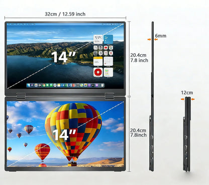 14'' Portable Monitors Dual Screen1920*1200 1.2K Triple Pc Display Laptop Screen Extender Folding Stacked Dual Monitors