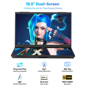 18.5" Portable Dual Monitor for Laptop Screen Extender FHD 1080P Dual Display with VESA 360° Folding Stacked Tripl