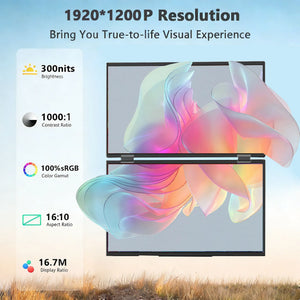 14'' Portable Dual Monitor 1.2K 1920*1200P Stacked Foldable Dual Screen For PC Laptop Screen Extender  180° Automatic Rotation