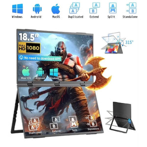 18.5" Portable Dual Monitor for Laptop Screen Extender FHD 1080P Dual Display with VESA 360° Folding Stacked Tripl